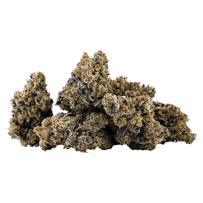 Close-up of a cluster of frosty, trichome-covered buds of Frostade displayed against a transparent background.