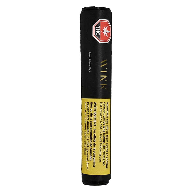 Tall vertical front view of the black and yellow Grapes and Cream Blunt PR 1 x 2 g tube with a red THC octagon near the top.