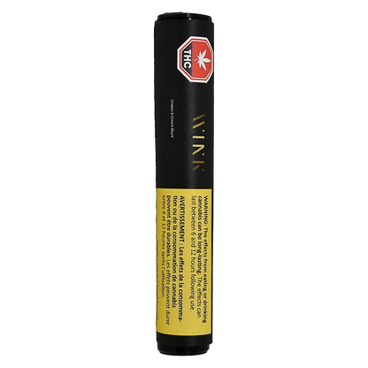 Tall vertical front view of the black and yellow Grapes and Cream Blunt PR 1 x 2 g tube with a red THC octagon near the top.
