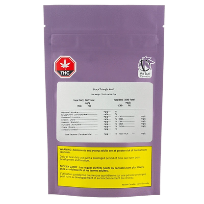Back-facing photo of a purple pouch labeled Black Triangle Kush with a white potency panel, THC emblem and yellow health warning.