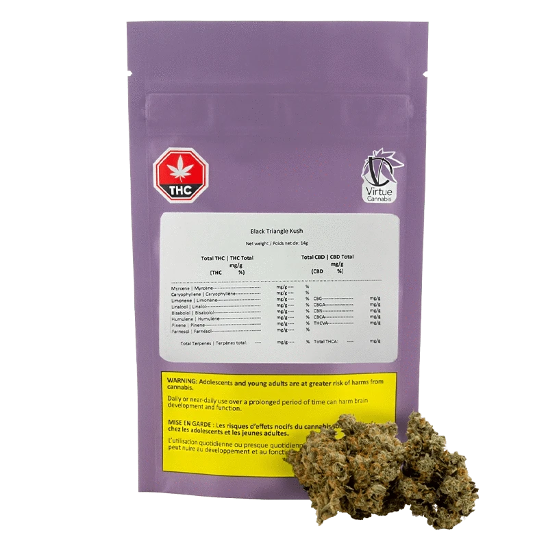 Front-facing shot of a purple pouch labeled Black Triangle Kush with a white facts panel, THC symbol, Virtue Cannabis logo, and buds at its base.