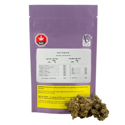 Front-facing shot of a purple pouch labeled Black Triangle Kush with a white facts panel, THC symbol, Virtue Cannabis logo, and buds at its base.