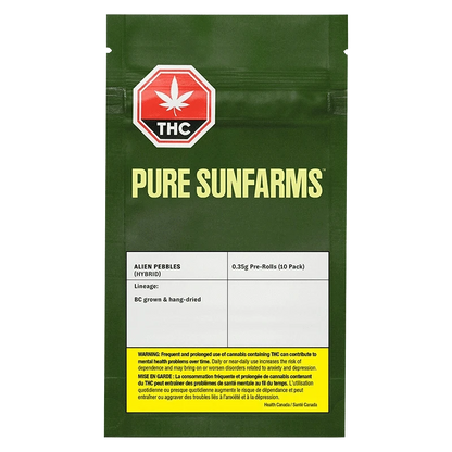 Front-facing view of the green pouch labeled "Pure Sunfarms Alien Pebbles PR 10 x 0.35 g" with a red THC symbol and a white product info panel.