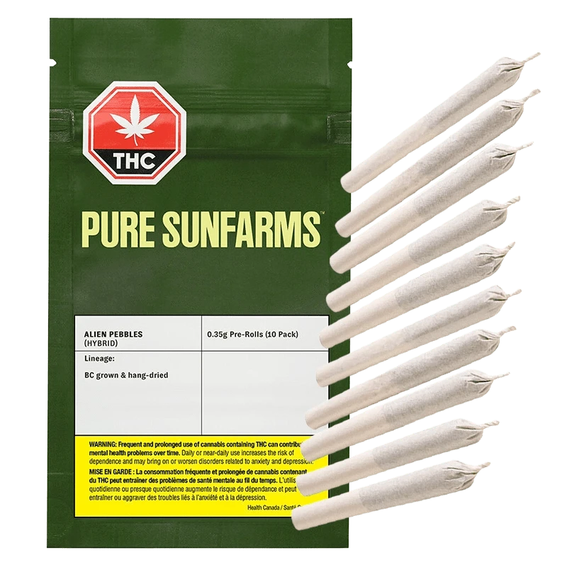 Front-facing image of a dark green pouch labeled Pure Sunfarms with ten paper joints fanned alongside the Alien Pebbles PR 10 x 0.35 g packaging.