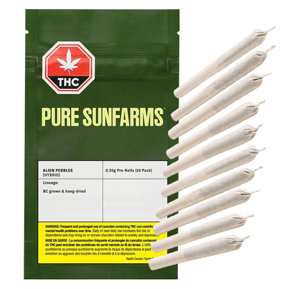 Front-facing image of a dark green pouch labeled Pure Sunfarms with ten paper joints fanned alongside the Alien Pebbles PR 10 x 0.35 g packaging.