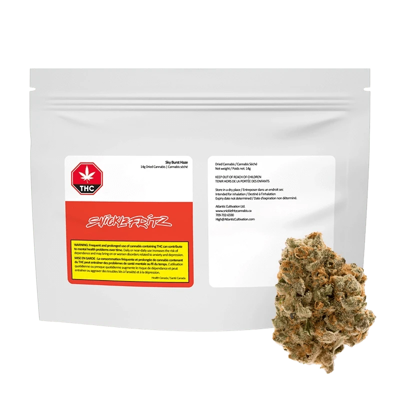 Front-facing white resealable pouch labeled "Sky Burst Haze" by Snickelfritz with a close-up of a single cannabis bud at the pouch's lower right.