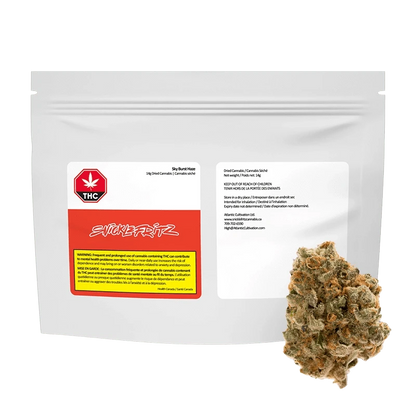 Front-facing white resealable pouch labeled "Sky Burst Haze" by Snickelfritz with a close-up of a single cannabis bud at the pouch's lower right.