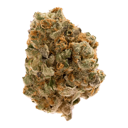 Close-up top-down view of a single frosty "Sky Burst Haze" cannabis bud showing dense green nugs, orange pistils, and a crystalline trichome coating
