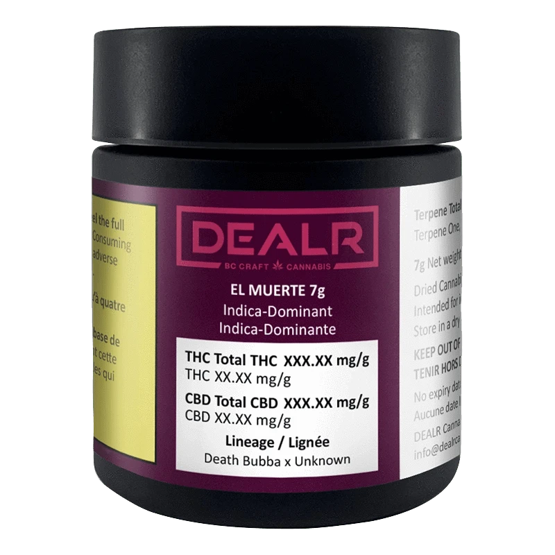 Front view of the DEALR El Muerte 7g black jar with a purple label showing strain details and nutrition-style panels.