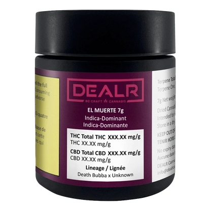 Front view of the DEALR El Muerte 7g black jar with a purple label showing strain details and nutrition-style panels.
