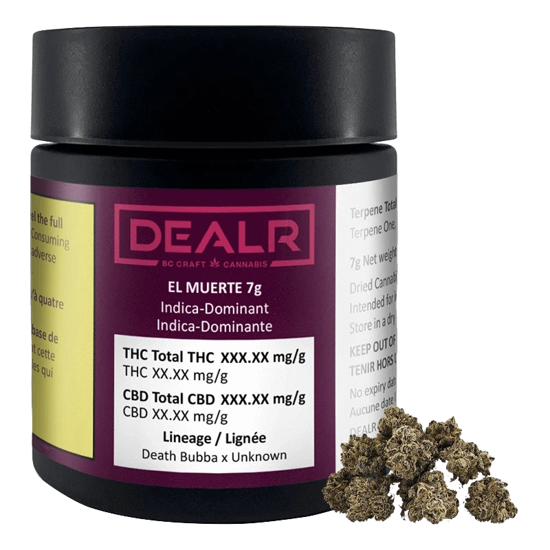 Front three-quarter view of a black jar labeled "DEALR EL MUERTE 7g" with a purple label and a small pile of buds at its base.