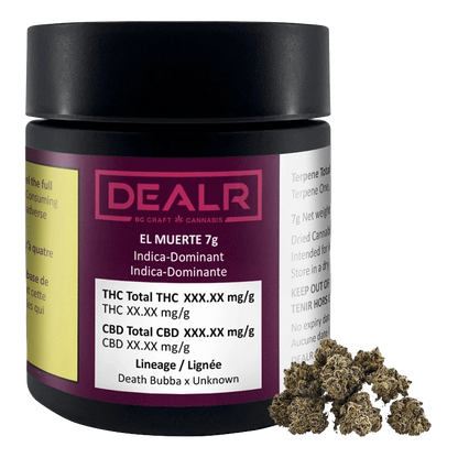 Front three-quarter view of a black jar labeled "DEALR EL MUERTE 7g" with a purple label and a small pile of buds at its base.