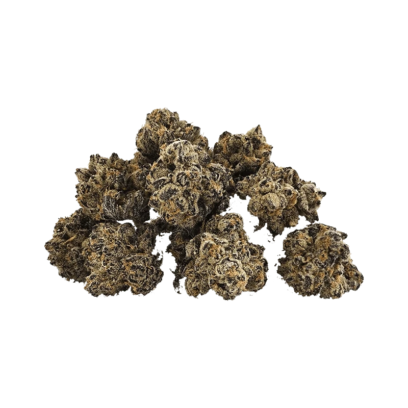 Close-up front view of a small pile of frosty green and amber buds labeled "El Muerte" showing dense, trichome-covered nugs on a neutral background