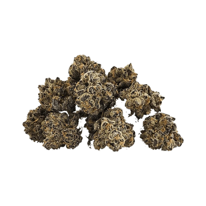 Close-up front view of a small pile of frosty green and amber buds labeled "El Muerte" showing dense, trichome-covered nugs on a neutral background
