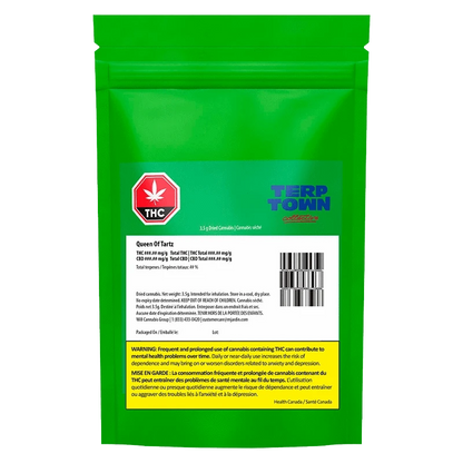 Rear view of the green resealable pouch labeled "Queen of Tartz" with the TERP TOWN logo, THC symbol, barcode, and warning panel.