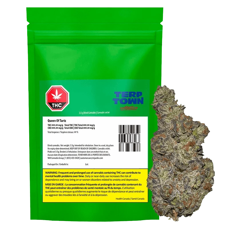 Front-facing shot of a bright green pouch and a single nugget labeled Queen of Tartz, the Queen of Tartz packaging and bud shown on a white background.