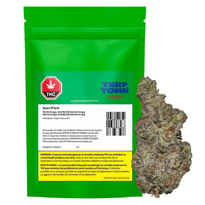Front-facing shot of a bright green pouch and a single nugget labeled Queen of Tartz, the Queen of Tartz packaging and bud shown on a white background.