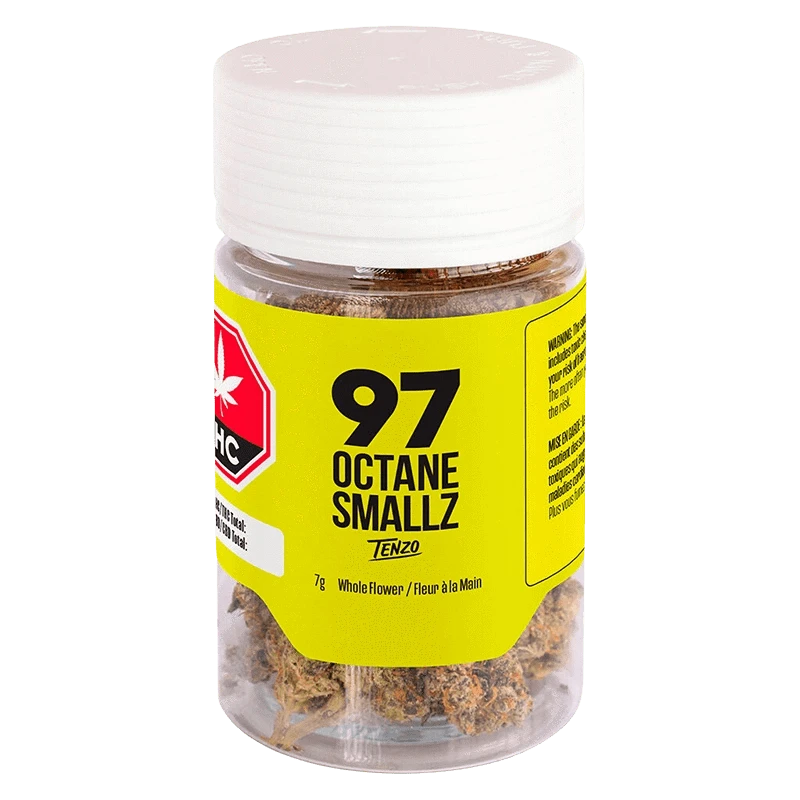 Front view of the 97 Octane Smallz jar with a bright yellow label and visible flower buds through the clear plastic.