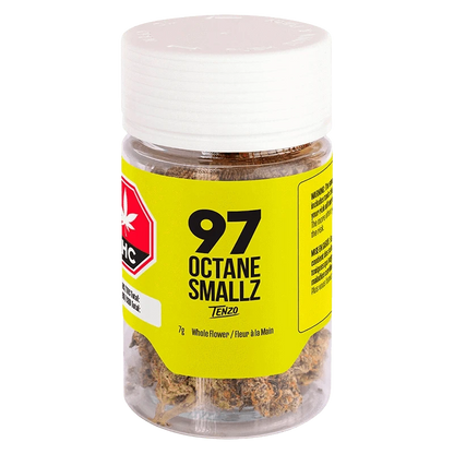 Front view of the 97 Octane Smallz jar with a bright yellow label and visible flower buds through the clear plastic.