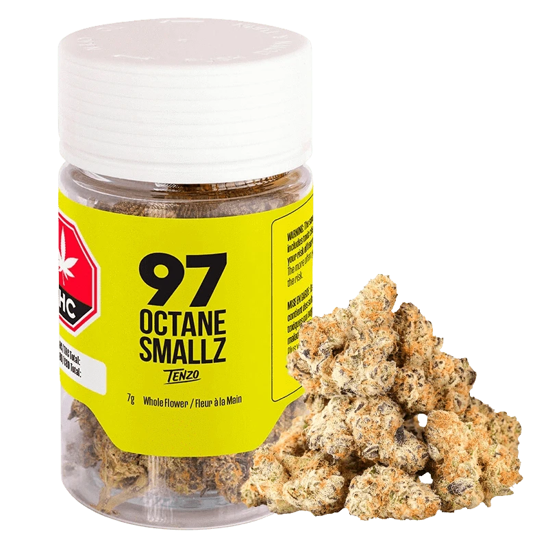Clear front-angle photo of a 97 Octane Smallz jar with a bright yellow label and a small pile of light-green, orange-flecked buds beside it