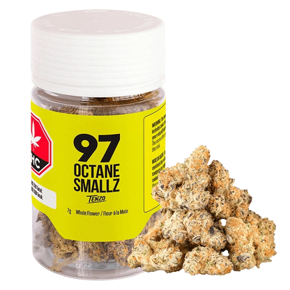 Clear front-angle photo of a 97 Octane Smallz jar with a bright yellow label and a small pile of light-green, orange-flecked buds beside it
