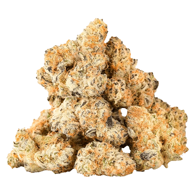 Close-up front view of a pile of frosty, orange-haired 97 Octane Smallz cannabis buds against a plain background.