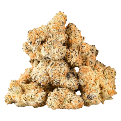 Close-up front view of a pile of frosty, orange-haired 97 Octane Smallz cannabis buds against a plain background.