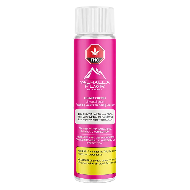 Straight-on view of the bright pink Cosmic Cherry PR 3 x 0.5 g tube showing Valhalla Flwr branding, THC emblem, and legible white text panels.