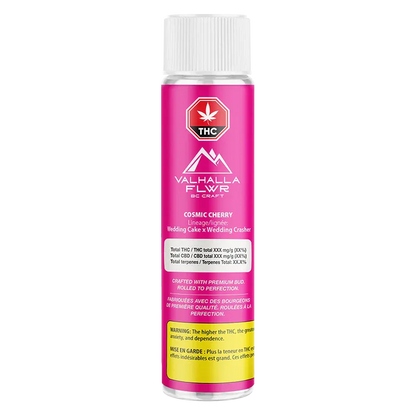 Straight-on view of the bright pink Cosmic Cherry PR 3 x 0.5 g tube showing Valhalla Flwr branding, THC emblem, and legible white text panels.