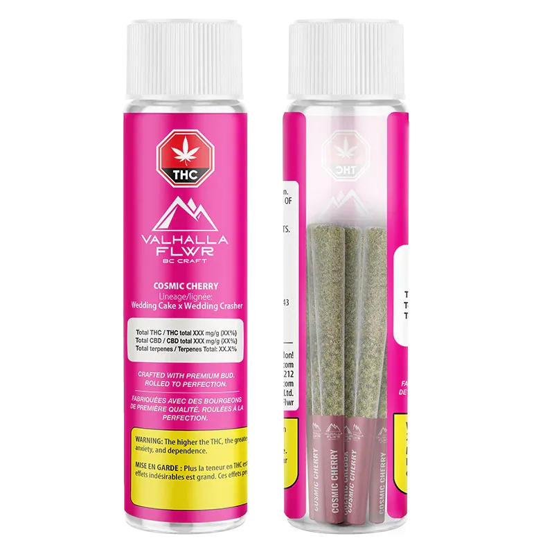Front-facing image of a pink tube showing two clear cylindrical containers of Valhalla Flwr Cosmic Cherry PR 3 x 0.5 g with visible pre-rolls and white childproof caps.