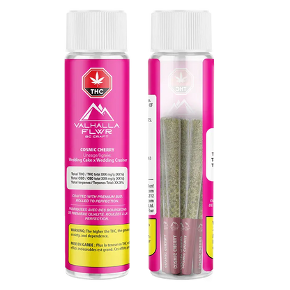 Front-facing image of a pink tube showing two clear cylindrical containers of Valhalla Flwr Cosmic Cherry PR 3 x 0.5 g with visible pre-rolls and white childproof caps.