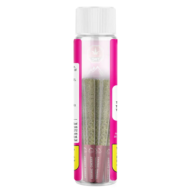 Clear front view of a plastic tube containing three pre-rolls labeled "Cosmic Cherry PR 3 x 0.5 g" with bright pink side panels.
