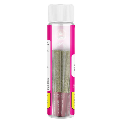 Clear front view of a plastic tube containing three pre-rolls labeled "Cosmic Cherry PR 3 x 0.5 g" with bright pink side panels.