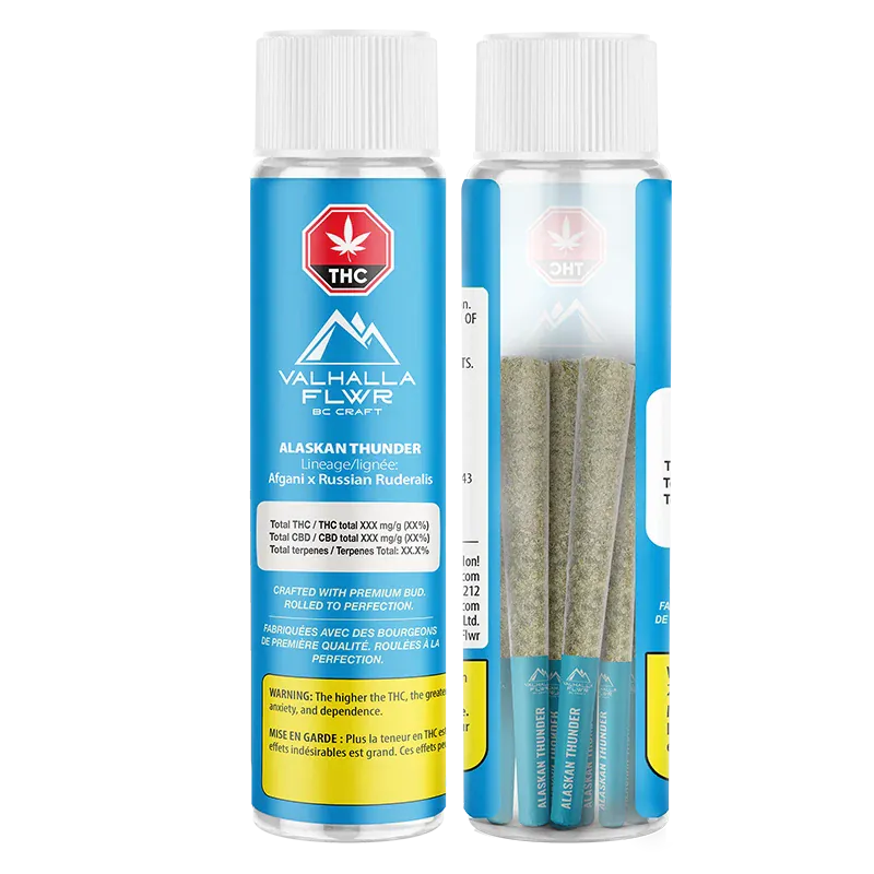 Front view of two clear tubes showing three pre-rolled joints and blue labels reading "Alaskan Thunder PR 5 x 0.5 g" with white caps.