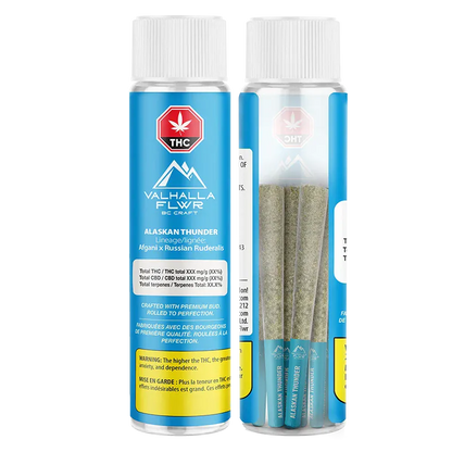 Front view of two clear tubes showing three pre-rolled joints and blue labels reading "Alaskan Thunder PR 5 x 0.5 g" with white caps.