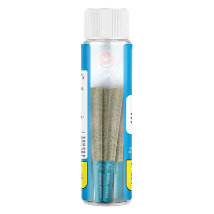 Front-facing view of the clear tube holding three pre-rolls labeled Alaskan Thunder PR 5 x 0.5 g against a white background