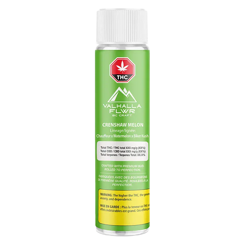 Centered front view of the green cylindrical package labeled "Crenshaw Melon PR 3 x 0.5 g" with white cap and THC symbol at top.