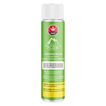 Centered front view of the green cylindrical package labeled "Crenshaw Melon PR 3 x 0.5 g" with white cap and THC symbol at top.