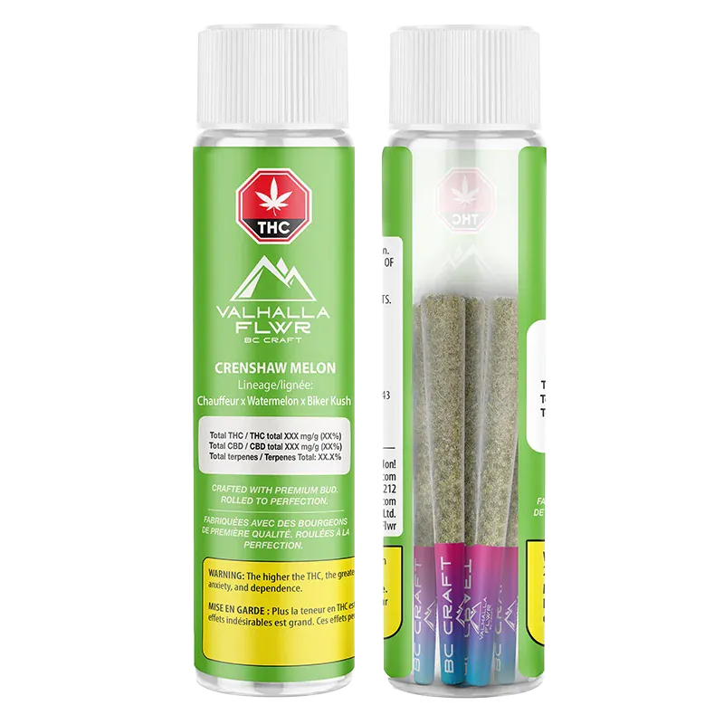 Front-facing and rear view of two clear tubes holding three green pre-rolls, labeled "Crenshaw Melon PR 3 x 0.5 g" with bright green Valhalla FLWR branding.