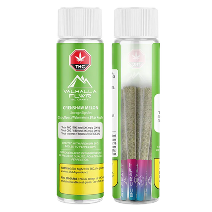 Front-facing and rear view of two clear tubes holding three green pre-rolls, labeled "Crenshaw Melon PR 3 x 0.5 g" with bright green Valhalla FLWR branding.