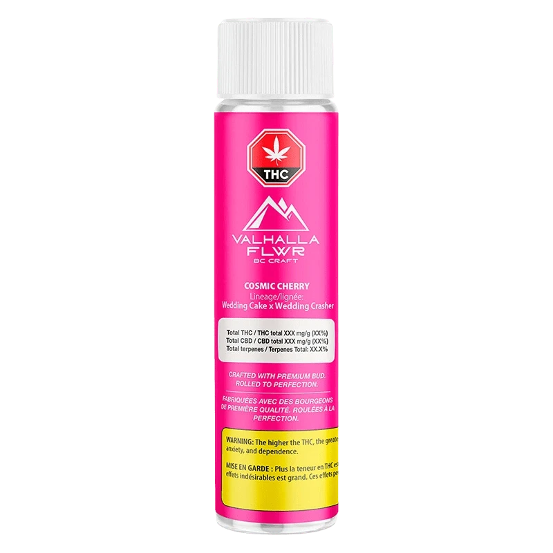 Centered front view of the bright pink Cosmic Cherry PR 5 x 0.5 g tube with Valhalla Flwr branding, white cap, and legible THC warning label.