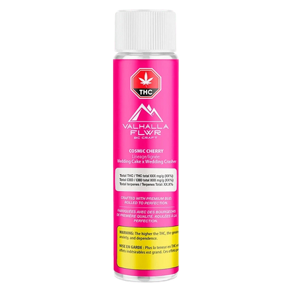 Centered front view of the bright pink Cosmic Cherry PR 5 x 0.5 g tube with Valhalla Flwr branding, white cap, and legible THC warning label.