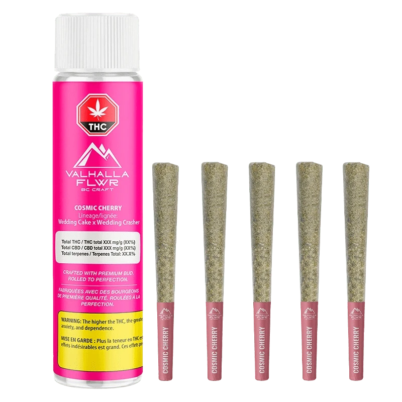 Front-facing shot of a pink tube and five lined pre-rolls arranged vertically showing the Cosmic Cherry PR 5 x 0.5 g branding.