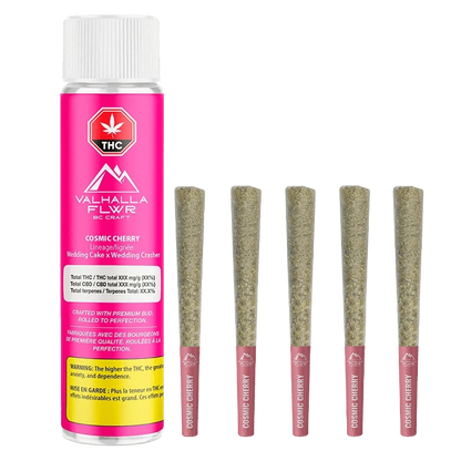 Front-facing shot of a pink tube and five lined pre-rolls arranged vertically showing the Cosmic Cherry PR 5 x 0.5 g branding.