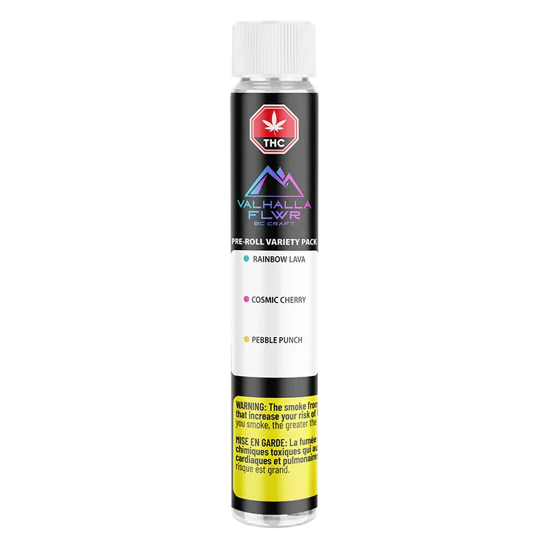 Straight-on view of the Valhalla PR 3 x 0.5 g clear tube showing its black label, rainbow mountain logo, and yellow warning band.
