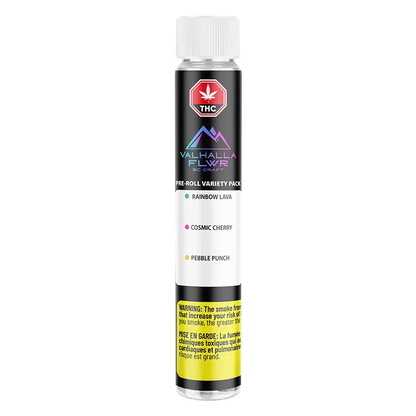 Straight-on view of the Valhalla PR 3 x 0.5 g clear tube showing its black label, rainbow mountain logo, and yellow warning band.