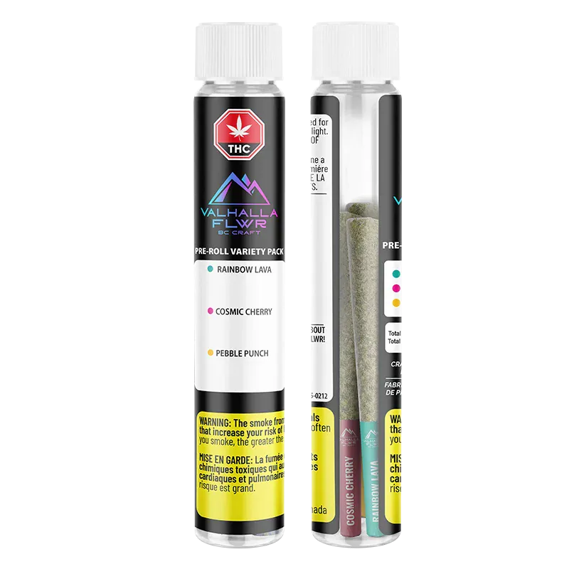 Front-facing clear plastic tube showing three pre-rolls and a black label reading Valhalla PR 3 x 0.5 g with a colorful mountain logo and warning panel.