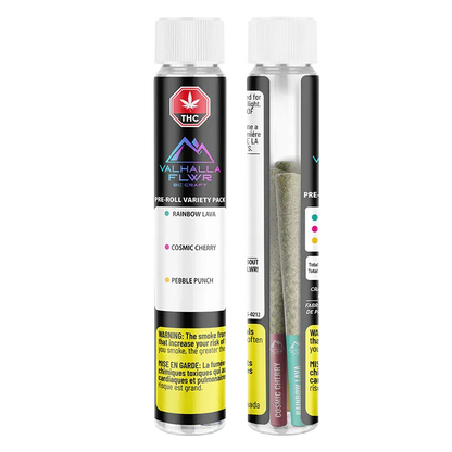 Front-facing clear plastic tube showing three pre-rolls and a black label reading Valhalla PR 3 x 0.5 g with a colorful mountain logo and warning panel.