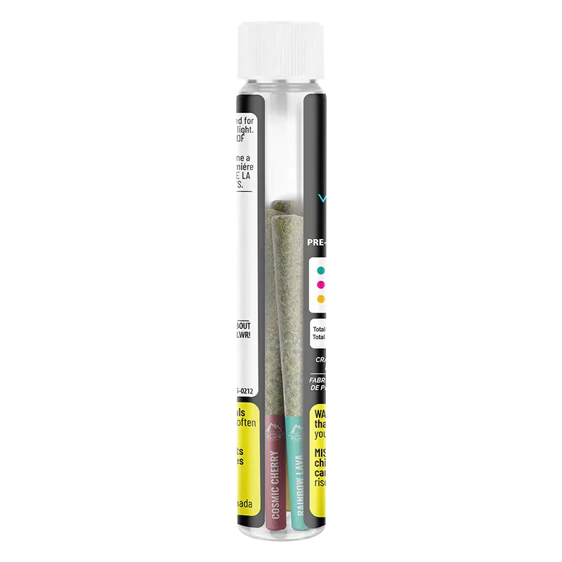 Tall close-up of a clear tube showing two pre-rolls and labels inside the Valhalla PR 3 x 0.5 g package.