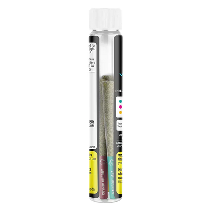 Tall close-up of a clear tube showing two pre-rolls and labels inside the Valhalla PR 3 x 0.5 g package.